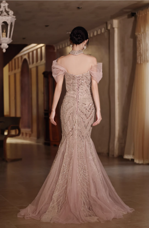 Vintage Champagne Beaded Mermaid Off-Shoulder Tulle Evening Gown TP5470