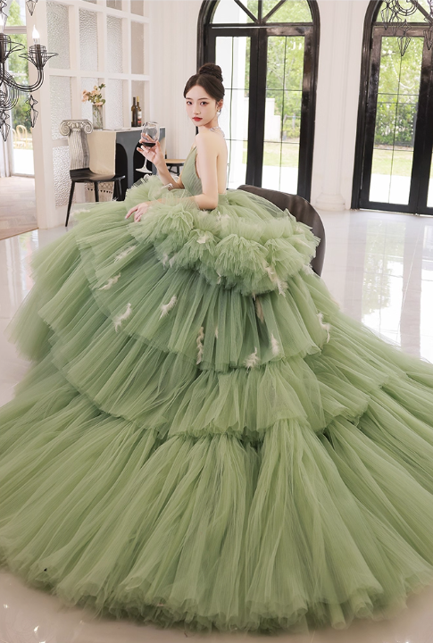 Glamorous Sage Green Tiered Tulle Spaghetti Straps Sweet 15 Quinceanera Ball Gown TP5473