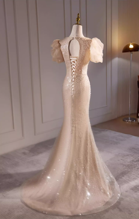 Glamorous Champagne Beaded Mermaid Puff Sleeves & Bow Evening Gown TP5474
