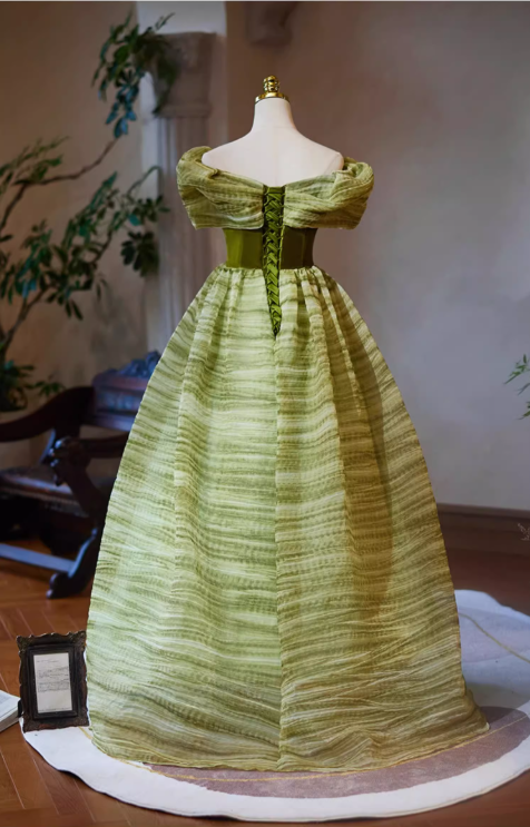 Glamorous Sage Green Striped Tulle Off-Shoulder Sweet 15 Quinceanera Ball Gown TP5480