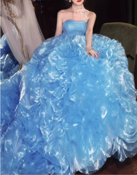 Glamorous Sky Blue Ruffled Tulle Strapless Sweet 15 Quinceanera Ball Gown TP5483