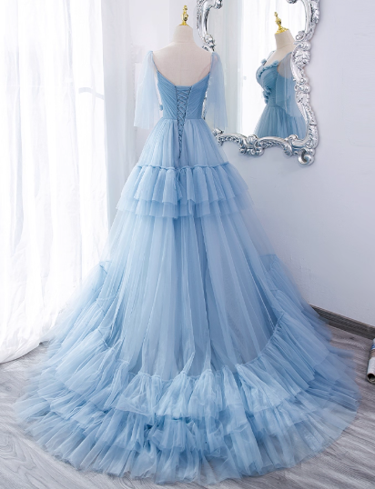 Glamorous Light Blue Tiered Tulle Spaghetti Straps 3D Rose Sweet 15 Quinceanera Ball Gown TP5484