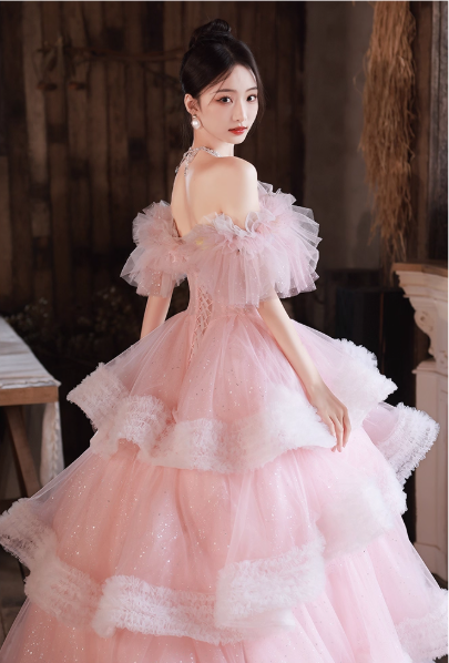 Glamorous Pink Tiered Tulle Fluffy Ruffles Off-Shoulder Floral Sweet 15 Quinceanera Ball Gown TP5485
