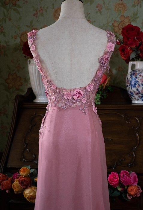 Vintage Pink Chiffon Prom Dress 3D Flower Applique Evening Gown TP5538