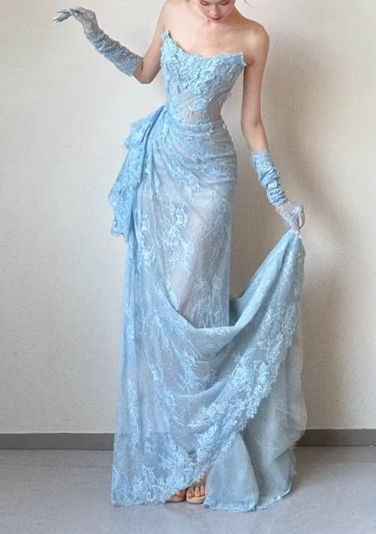 Vintage Light Blue Strapless Lace Evening Gown with Long Gloves Evening Gown TP5548