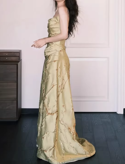 Vintage Champagne Gold Satin Strapless Embroidered Floor-Length Evening Gown TP5550