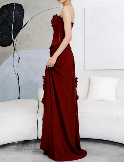 Vintage Burgundy Strapless 3D Floral Sheath Evening Gown TP5560