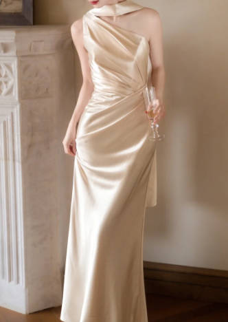 Elegant Champagne One-Shoulder Sheath Evening Gown Ruched Satin Prom Dress TP5584
