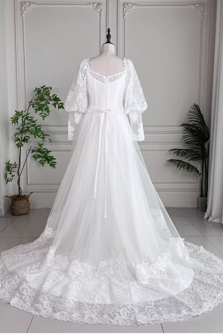 Vintage White Lace Long Puff Sleeve Tulle A-Line Wedding Dress TP5613