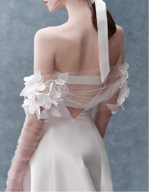 Vintage Ivory Off-the-Shoulder Satin Sheer Sleeve 3D Floral A-Line Wedding Dress TP5624