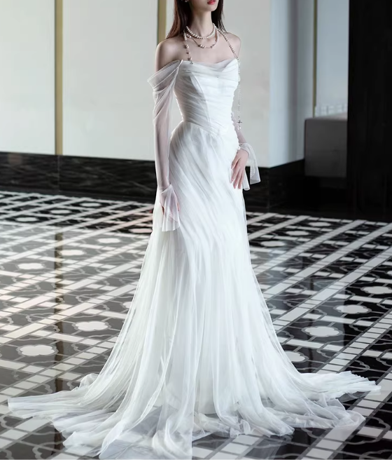 Glamorous White Off-the-Shoulder Tulle Mermaid Wedding Dress with Sheer Long Sleeves TP5656