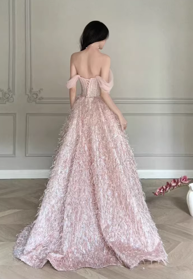 Romantic Pink Off-the-Shoulder Feathery Texture Sweet 15 Quinceanera Ball Gown TP5674