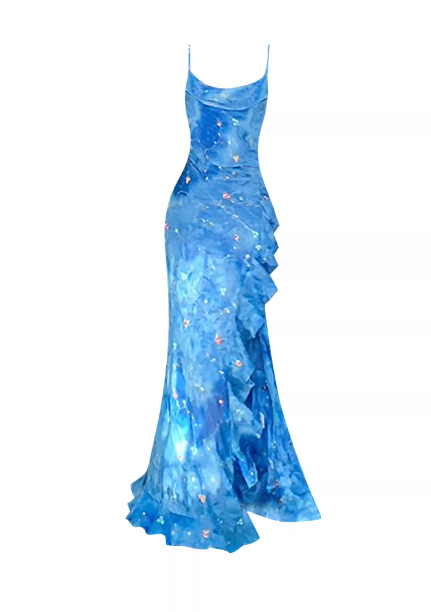 Glamorous Blue Floral Print Evening Gown Sheath High Slit Prom Dress TP5676