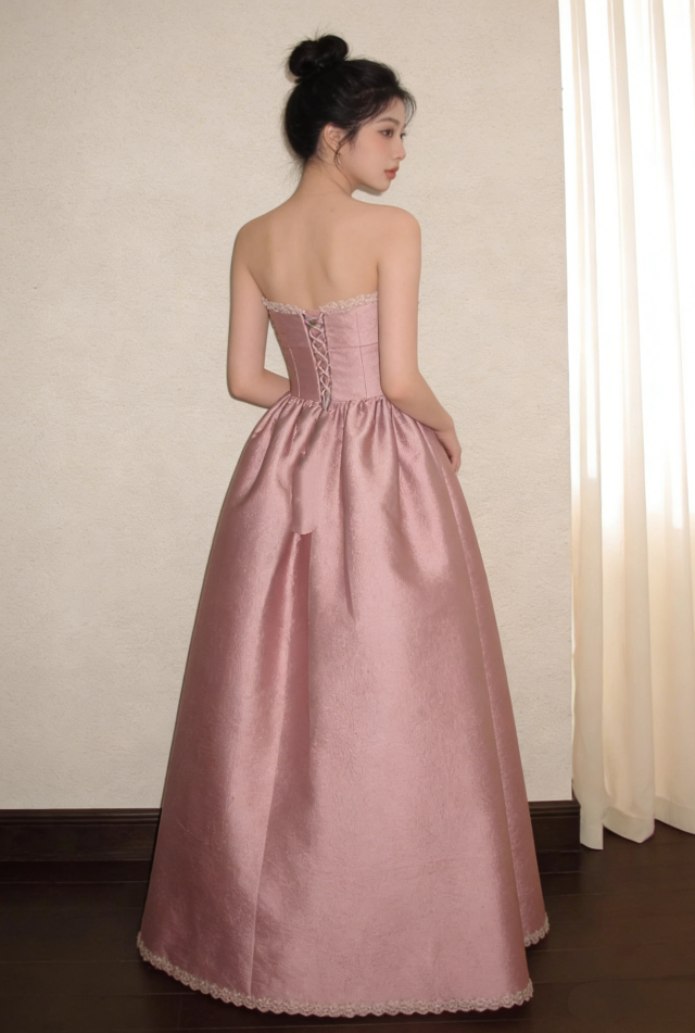 Romantic Pink Strapless Evening Gown Satin A-Line Prom Dress TP5685