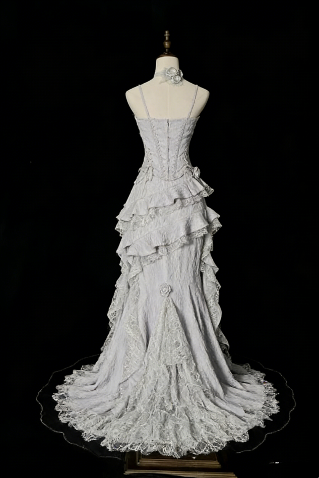Vintage Silver Grey Mermaid Strap Sleeveless Lace Edge Ball Gown Evening Dress TP2032