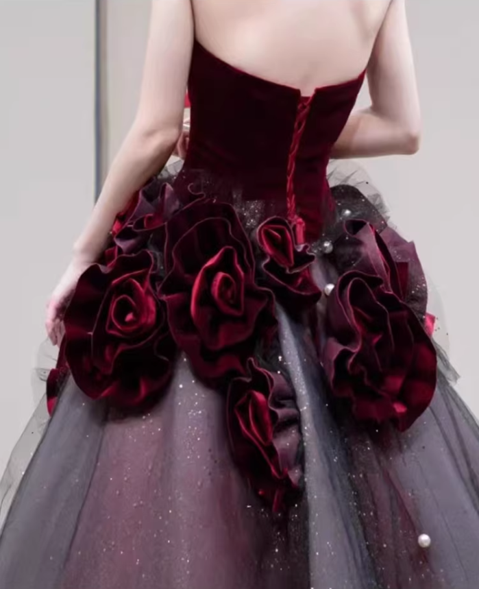 Glamorous Burgundy Velvet & Ombre Tulle 3D Floral Applique Sweet 16 Quinceanera Ball Gown TP5704