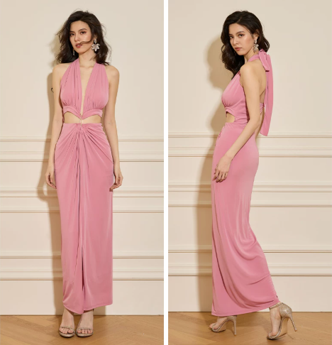 Elegant Pink Halter Deep V-Neck Cutout Maxi Dress High Slit Sleeveless Formal Evening Gown TP5753