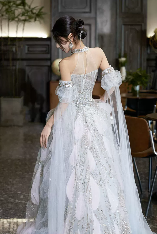 Glamorous Silver Halter-Neck Beaded 3D Petal Tulle Off-the-Shoulder A-Line Evening Gown TP5869