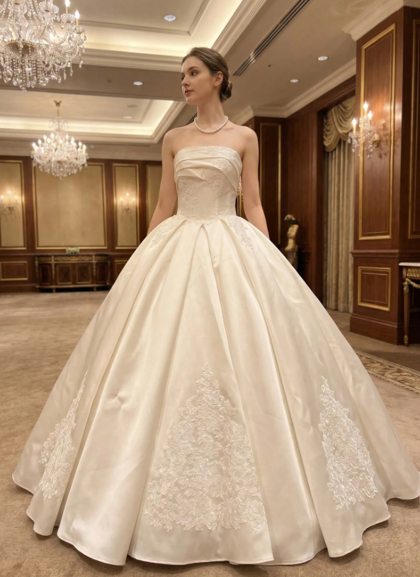 Vintage Ivory Strapless Satin Lace Embroidery A-Line Wedding Dress TP5981
