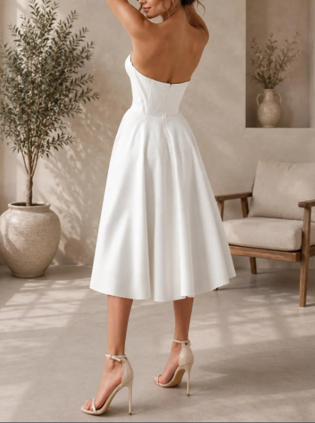 Romantic White Strapless Sweetheart Corset Chiffon A-Line Tea Length Wedding Dress TP5991