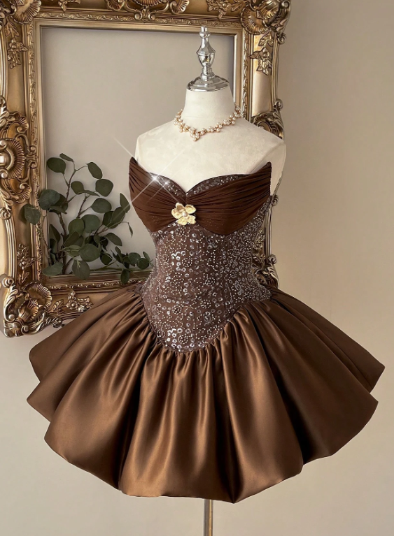 Vintage Brown Strapless Beaded Bubble Satin A-Line Homecoming Dress TP6037
