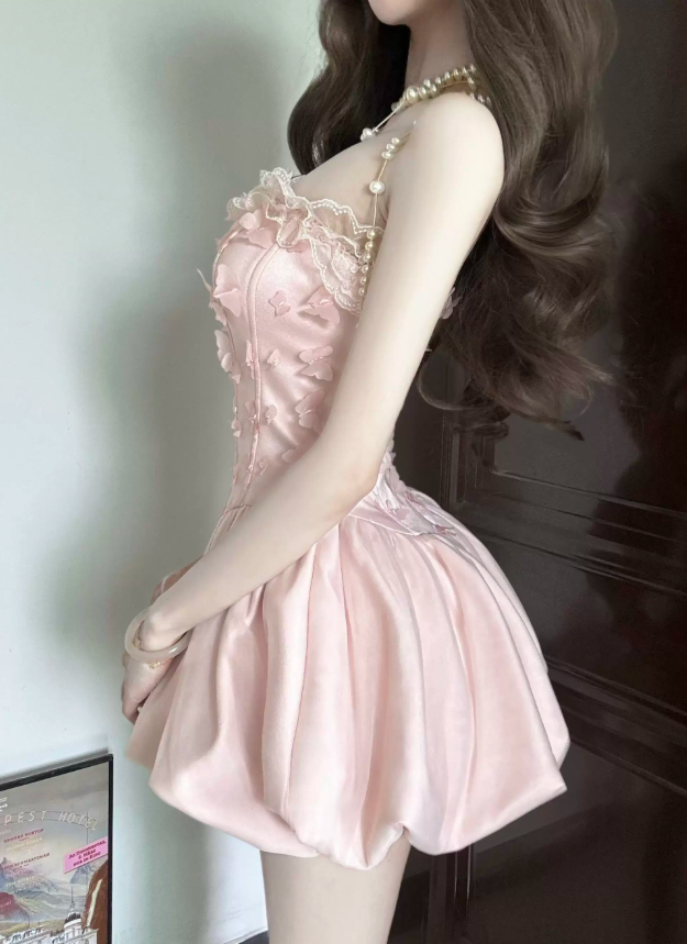 Vintage Pink Satin Strapless Lace Ruffle 3D Butterfly Appliques A-Line Homecoming Dress TP6058