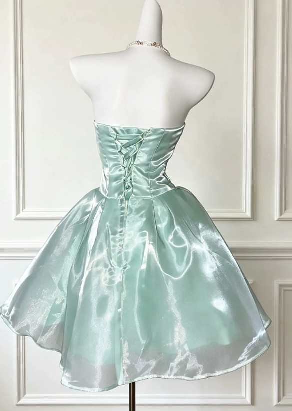 Vintage Mint Green Shiny Organza Strapless Pearl Chain Short A-Line Homecoming Dress TP6064