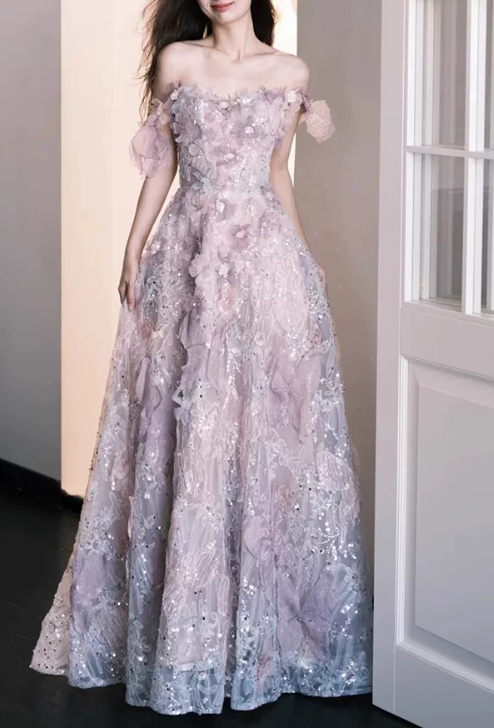 Elegant Lilac Off‑the‑Shoulder 3D Floral Sequin A‑Line Evening Dress TP6085