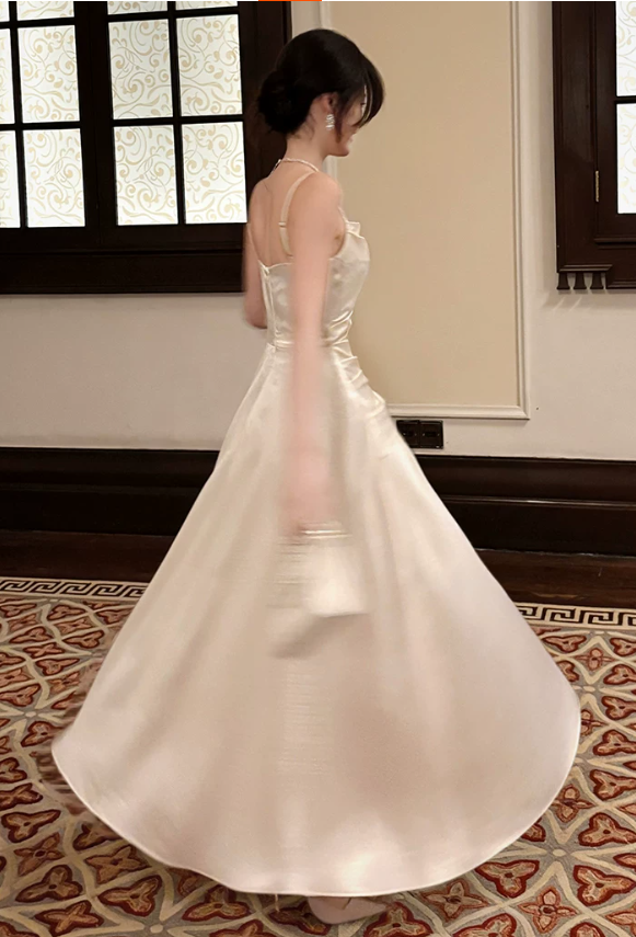 Elegant Ivory Shiny Satin Spaghetti Strap Ruched Square Neck A-Line Evening Dress TP6095