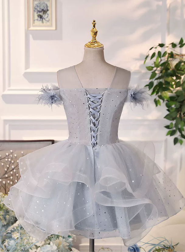 Elegant Grey Blue Off‑the-Shoulder Beaded Lace Ruffled Tiered Tulle A-Line Homecoming Dress TP6104