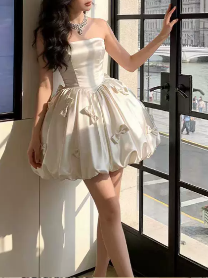 Vintage Ivory Strapless Satin 3D Bows Bubble Hem A-Line Homecoming Dress TP6105
