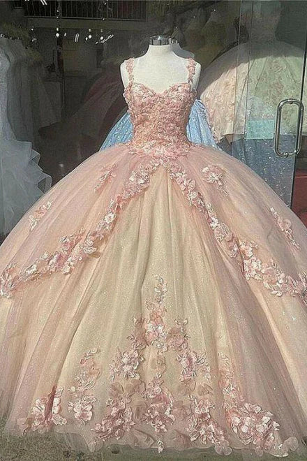 Retro Pink Sweetheart Appliqued 3D Flower A-Line Tulle 18 Birthday Quinceanera Dresses Evening Ball Gowns TP4122