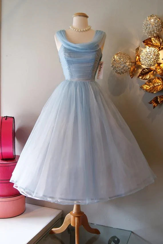 Retro Light Blue Tulle Design A-line Chiffon Party Dress Homecoming Dress Prom Dress Bridesmaid Dress TP4130
