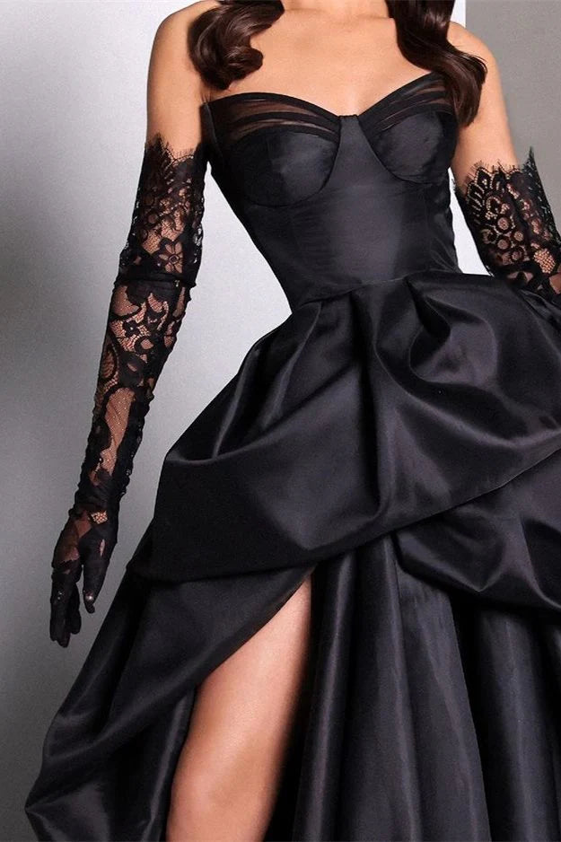 Retro Black Sweetheart Irregular Ruffle Hem Lace Gloves Design Elegant A-Line Satin Evening Dress Prom Dress TP4124
