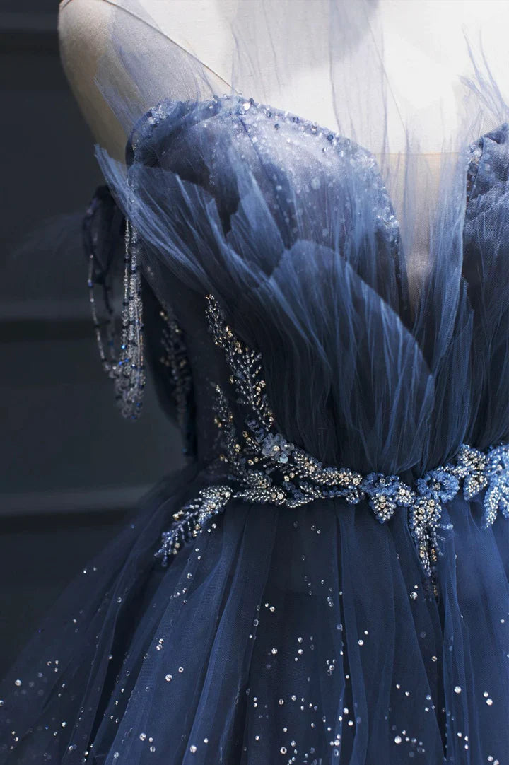 Vintage Blue Beaded Design Elegant A-Line Chiffon Tulle Evening Dress Prom Dress TP4121