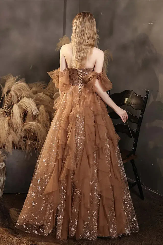 Elegant Champagne Sweetheart Shiny Sequin Ruffle Design A-Line Chiffon Tulle Evening Dress Prom Dress TP4125