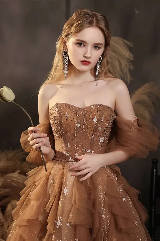 Elegant Champagne Sweetheart Shiny Sequin Ruffle Design A-Line Chiffon Tulle Evening Dress Prom Dress TP4125