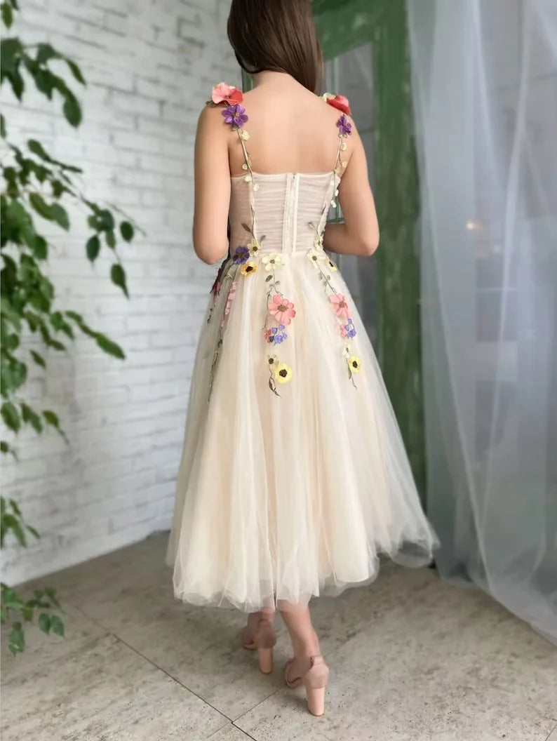 Vintage Floral Applique Prom Dress Long A-Line Evening Dress Chiffon Formal Dress TP4573