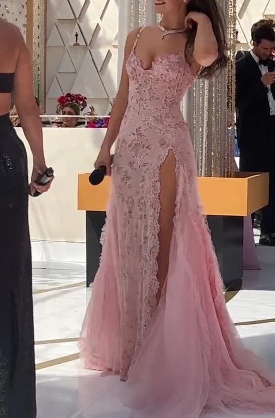 Vintage Pink Lace Sweetheart Prom Dress Long Evening Dress A-Line High Slit Formal Dress TP4589