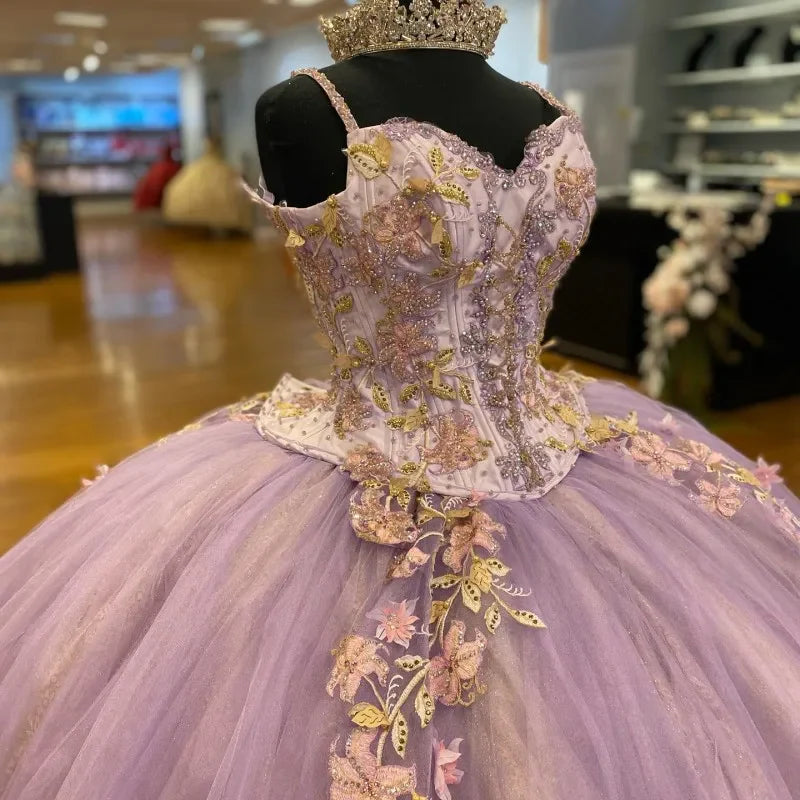 Elegant Applique Beaded Spaghetti Strap Sweet 16 Quinceanera A-Line Tulle Floor-length Prom Dress Birthday Dress Evening Dress Ball Gown TP4542