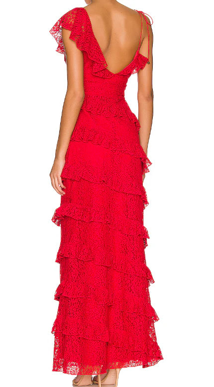 Vintage Red V-neck Long Prom Dress Sheath Tiered High Slit Formal Dress TP4605
