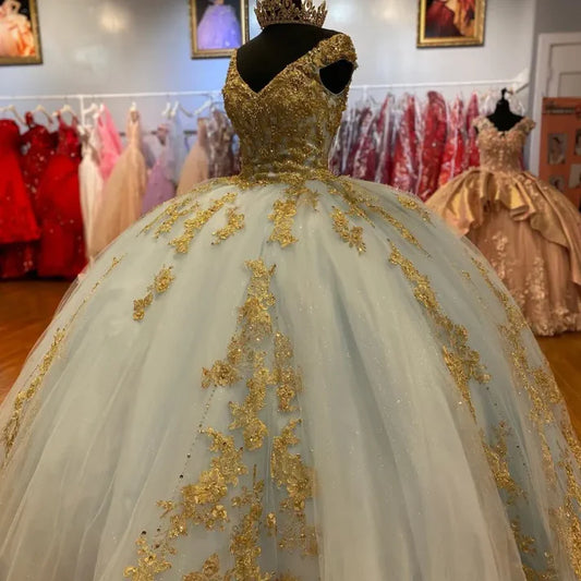 Gorgeous Sequin Applique V-neck Sweet 16 Quinceanera A-Line Prom Dress Birthday Dress Evening Dress Ball Gown TP4519