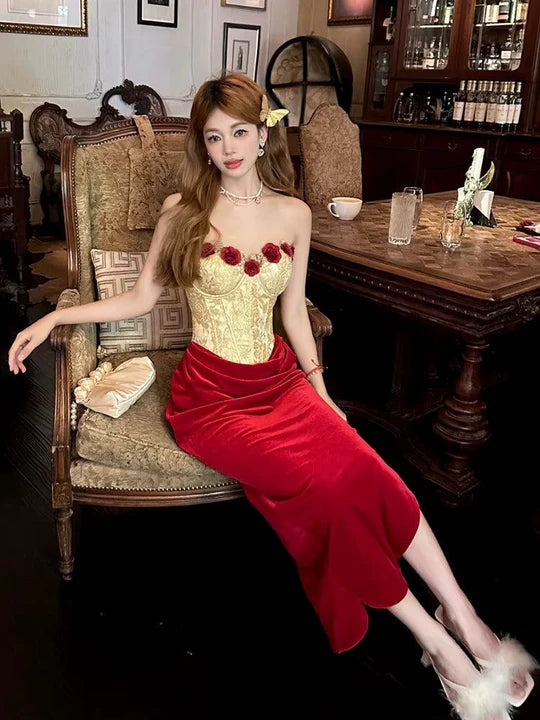 Vintage 3D Rose Sweetheart Prom Dress Red Velvet Sheath Evening Dress Long Formal Dress TP4670