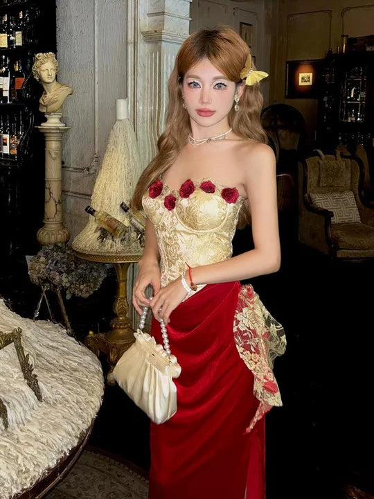 Vintage 3D Rose Sweetheart Prom Dress Red Velvet Sheath Evening Dress Long Formal Dress TP4670