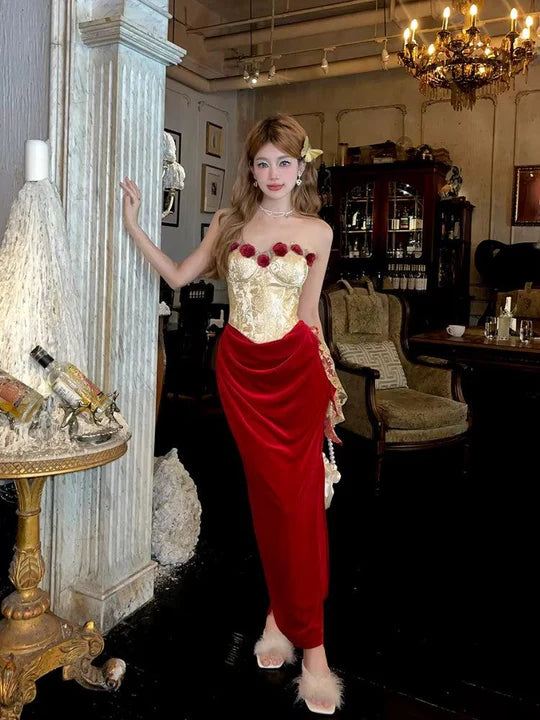 Vintage 3D Rose Sweetheart Prom Dress Red Velvet Sheath Evening Dress Long Formal Dress TP4670