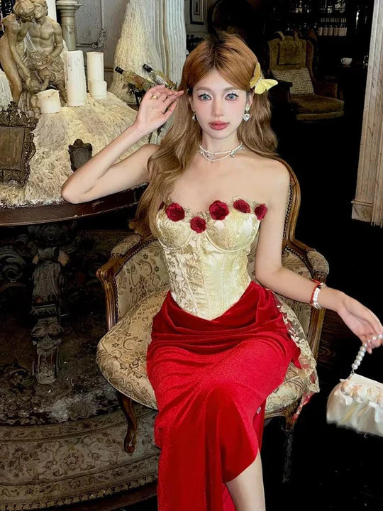 Vintage 3D Rose Sweetheart Prom Dress Red Velvet Sheath Evening Dress Long Formal Dress TP4670