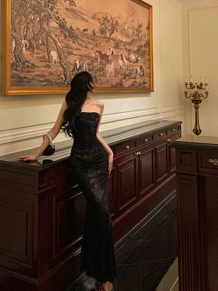 Vintage Black Strapless Floral Applique Design Elegant Sheath Evening Dress Prom Dress TP4110