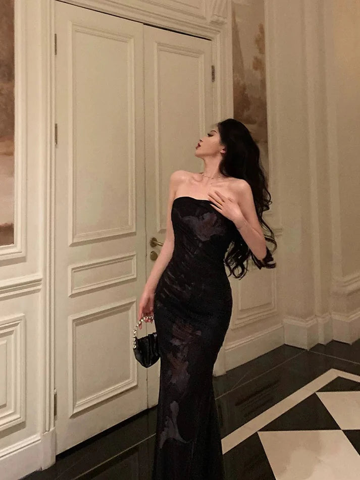 Vintage Black Strapless Floral Applique Design Elegant Sheath Evening Dress Prom Dress TP4110