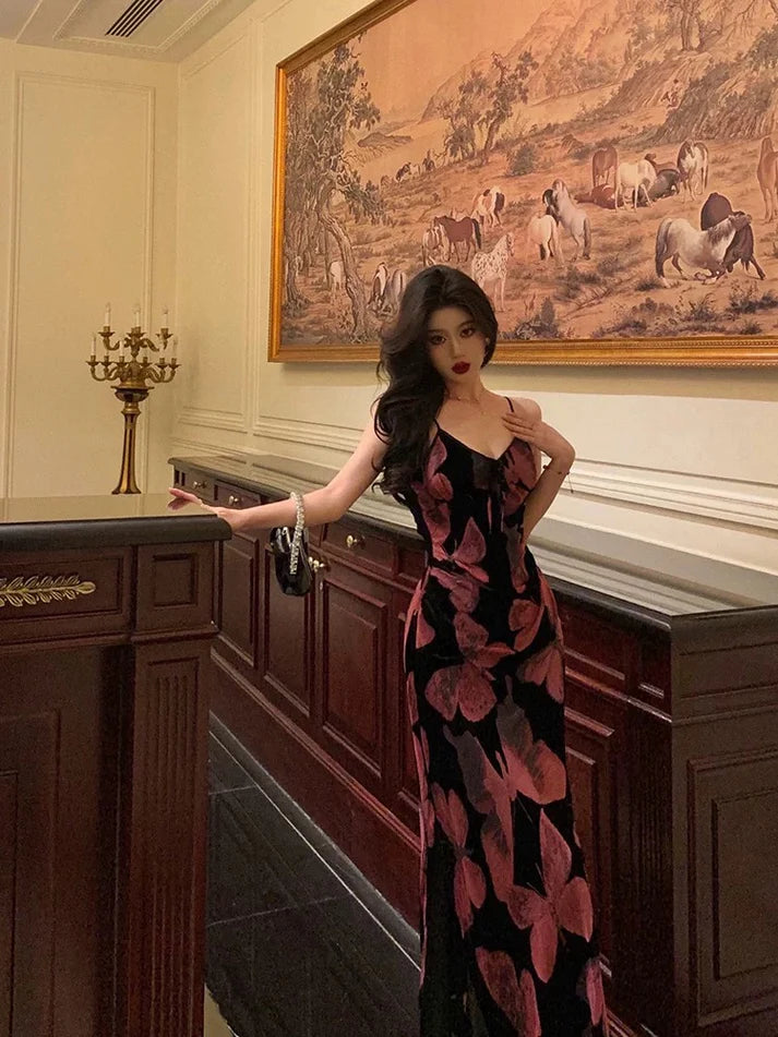 Vintage Spaghetti Strap V-neck Floral Butterfly Design Elegant Sheath Chiffon Evening Dress Prom Dress TP4117