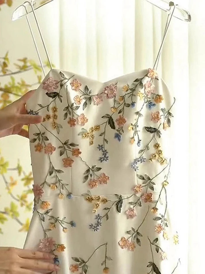 Vintage Beige Spaghetti Strap Floral Applique Design Elegant A-Line Evening Dress Prom Dress TP4107